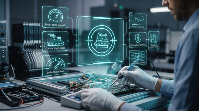 Close-up of a mechatronics technician in white gloves soldering a circuit board with a futuristic blue holographic interface displaying diagnostic and production data