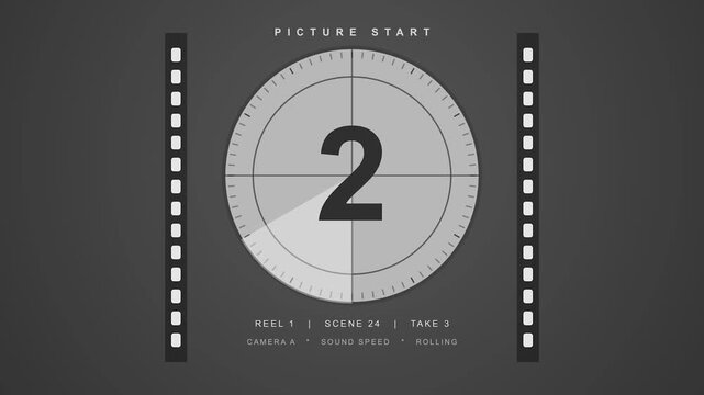 Film countdown leader with numbered frames and action cues in cinematic motion