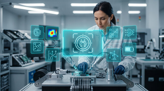 Professional female technician in a white lab coat and blue gloves operating a futuristic mechatronics automated inspection node with holographic data interfaces in a modern laboratory