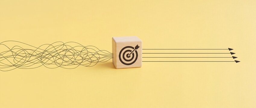 A single wooden cube with a target icon represents a clear goal, with a trail of scattered dots moving towards it and away from it