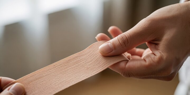 Woman holding elastic bandage for physical therapy injury recovery and medical care treatment