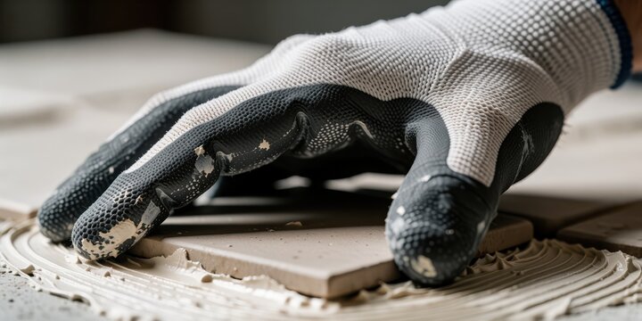 Gloved hand laying ceramic tile over adhesive mortar during home renovation and construction work
