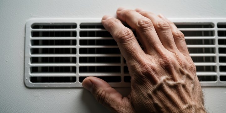 Adult male hand touching a white ventilation grill checking air conditioning temperature in a house