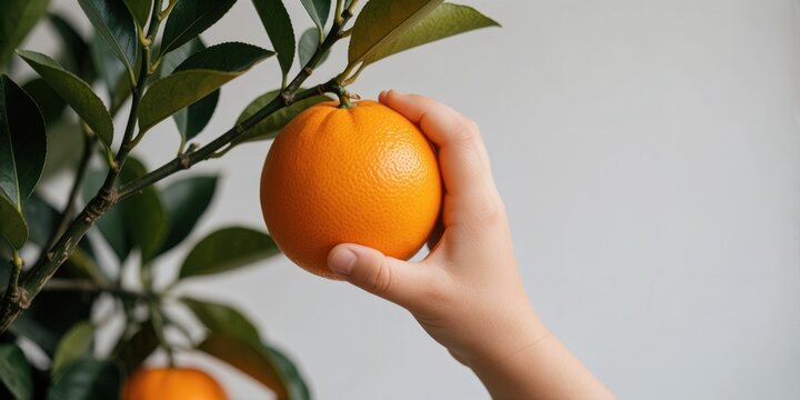 Child picking fresh ripe orange from a citrus tree branch in indoor garden setting for healthy living and organic food concepts