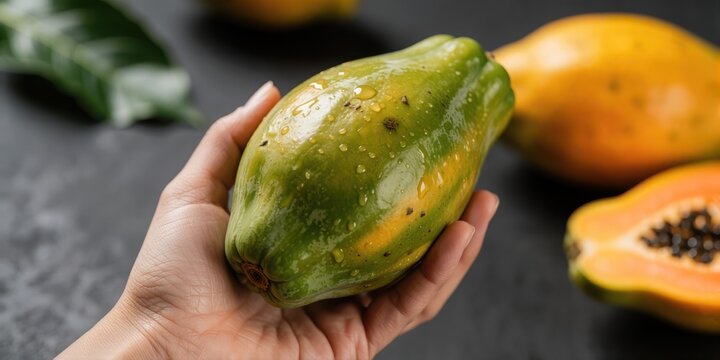 Fresh unripe green papaya held in hand with water drops, healthy tropical fruit concept for organic diet and cooking ingredients