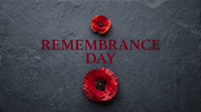 Remembrance day concept with red poppy flowers on a dark grey slate background, symbol of peace and commemoration for fallen soldiers