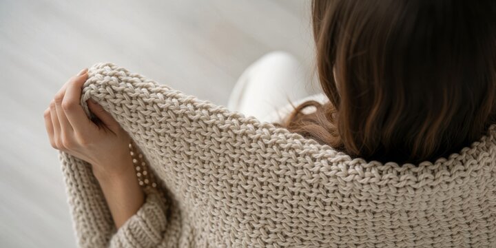 Woman wrapped in a cozy warm beige knitted blanket, comforting home relaxation concept