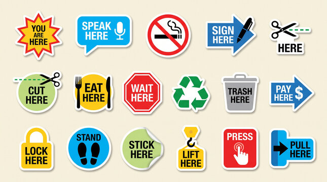 Stickers displaying various instructional icons guide visitors through a professional workspace.