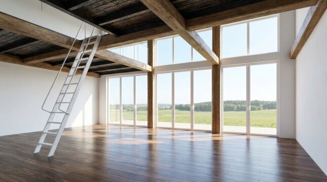 Spacious loft interior with large windows and wooden beams overlooking a field.