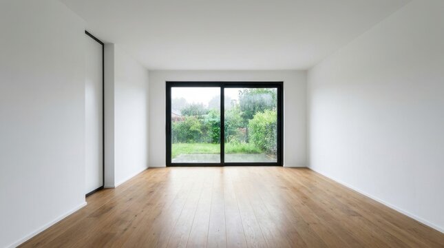 Empty modern room with large sliding glass doors opening to a green garden.