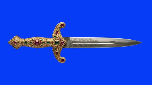 A classic fantasy dagger blade featuring an ornate gold hilt encrusted with red and green jewels isolated on a studio chroma key blue screen background. Great for medieval documentaries, fantasy RPG g
