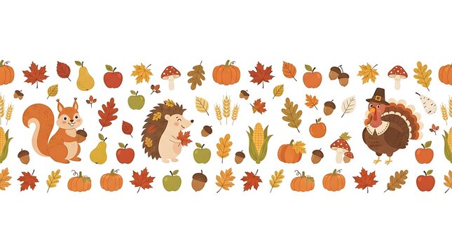 Seamless autumn pattern with squirrel turkey hedgehog and fall leaves on a white background