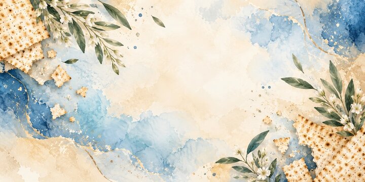 Passover watercolor background with matzah crackers, white flowers and blue beige abstract texture, spacious copy space. Jewish holiday greeting card illustration