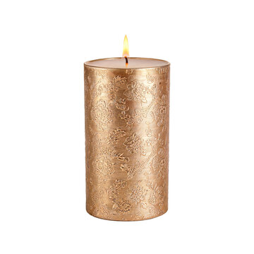 Champagne Gold Festive Candle with Embossed Indian Floral Motifs and Burning Flame Transparent PNG