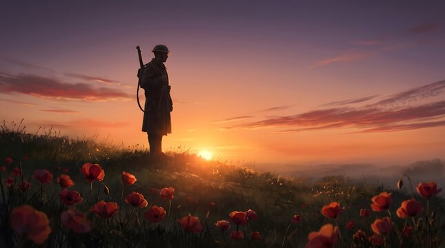 A silhouette of a soldier in a helmet standing on a grassy hill filled with red poppies at sunset, representing remembrance and peace