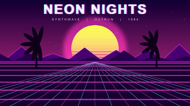 Retro sunset with palm trees and neon grid in a vibrant synthwave landscape