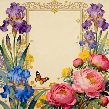 Ornate Golden Frame With Iris Peony And Butterflies