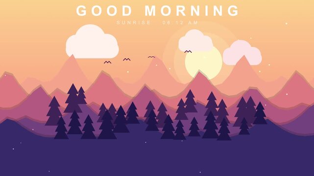 Sunrise over a serene forest landscape with gentle clouds and mountains during dawn