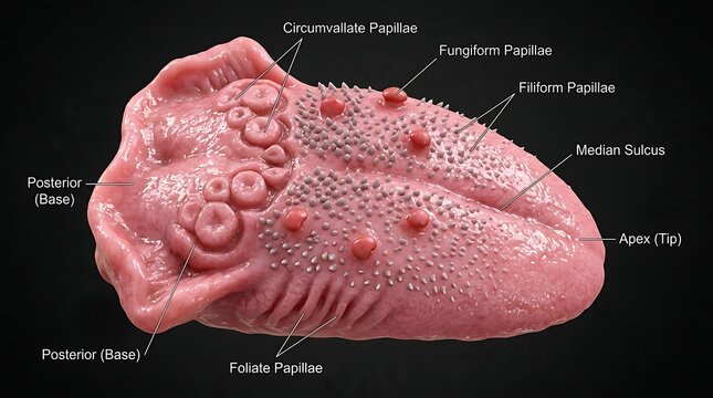 3D anatomical model of human tongue showing circumvallate, fungiform, foliate papillae and lingual structure for education