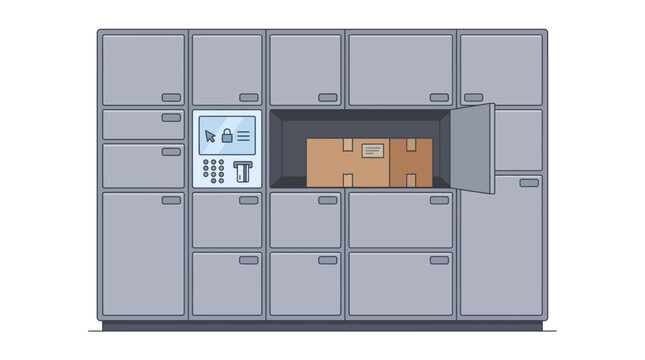 Automated parcel locker system with open compartment, smart delivery station vector illustration, modern courier lockbox terminal