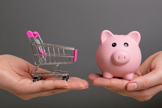 Two hands holding miniature shopping cart and small pink piggy bank, concept of consumer spending and financial savings