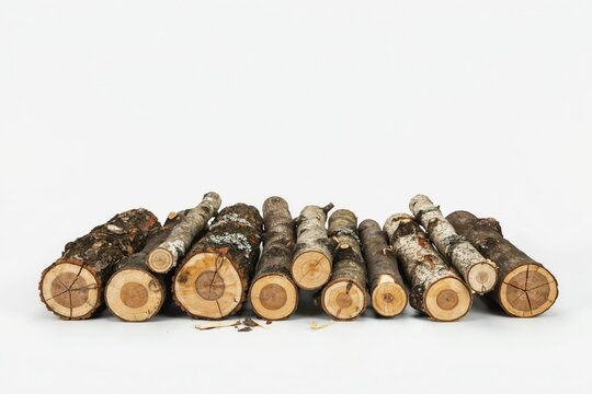 A row of various cut logs of different sizes and textures isolated on white background