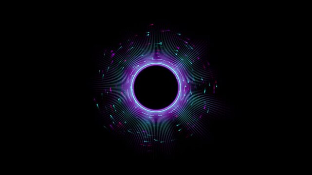 Neon circle audio equalizer pulsating with vibrant light rays on a black background
