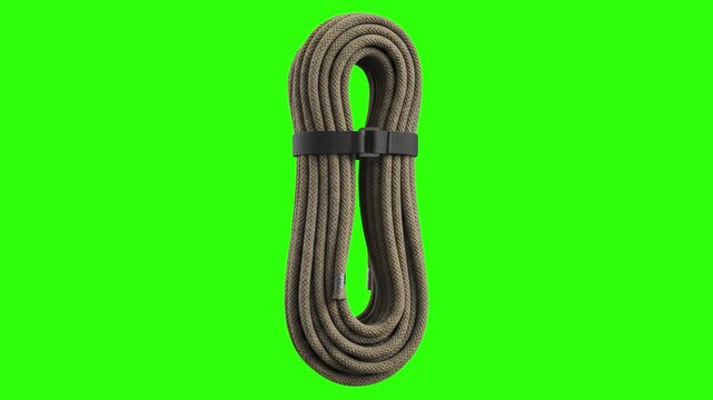 Neatly bundled coil of olive drab military paracord utility rope with a securing strap isolated on a studio chroma key green background. Perfect for outdoor survivalist equipment promos, tactical gear