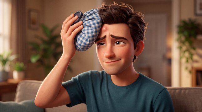 Stylized 3D Young Man Holding Ice Pack to Bruised Forehead