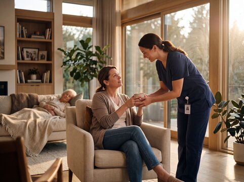 Compassionate Respite Caregiver Relieving Family Member During Warm Golden Hour