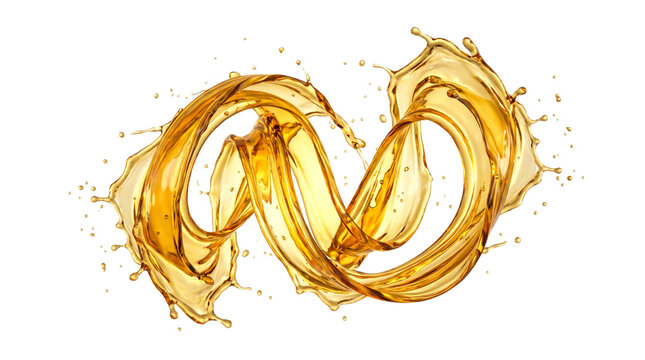 Dynamic golden oil liquid splash twisting creatively in artistic swirls on transparent background