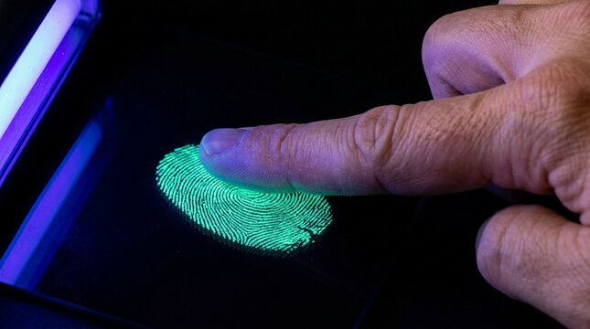 Fingerprint scan biometric identification security technology digital data identity verification technology concept close up of finger touching glowing fingerprint