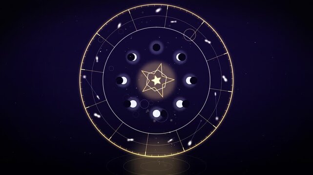 Astrology wheel with moon phases glowing softly in dark atmospheric background cinematic motion