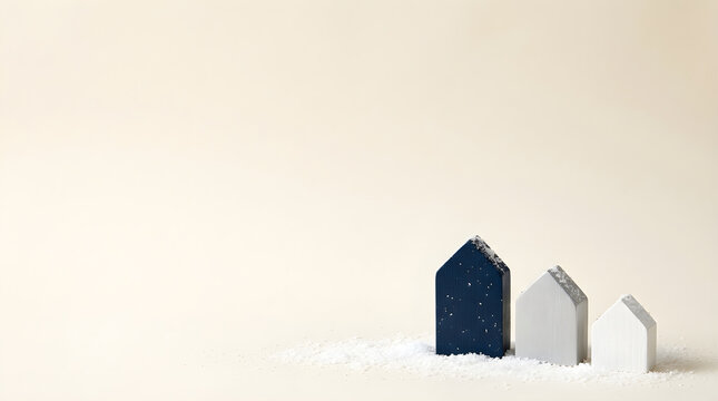 Minimalist miniature house models on white snow, modern real estate property concept, navy blue and white small homes for mortgage marketing