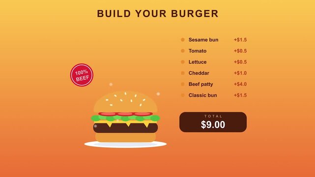 Burger construction progression with menu pricing and ordering option during orange gradient lighting