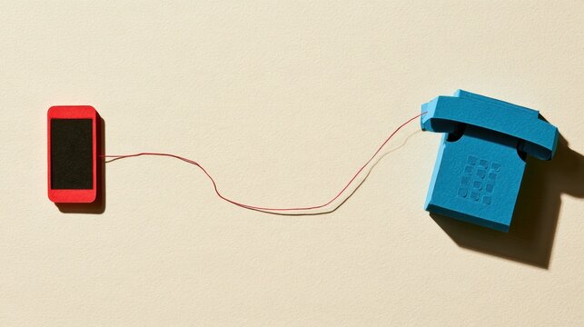 A design features a red smartphone on one side and a blue landline on the other, connected by a curved line.