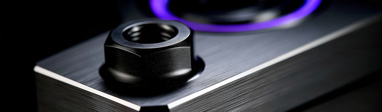 Metallic Hardware Detail: Close-up of a black hex nut on brushed metal surface with purple LED ring in background, emphasizing industrial design and precision engineering.