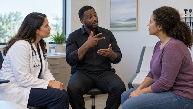 Black Man using sign language to interpret conversation between female doctor and deaf woman patient in medical clinic office. Deaf accessibility and healthcare communication concept