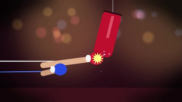 Dynamite fuse igniting with match against dark background with bokeh lights
