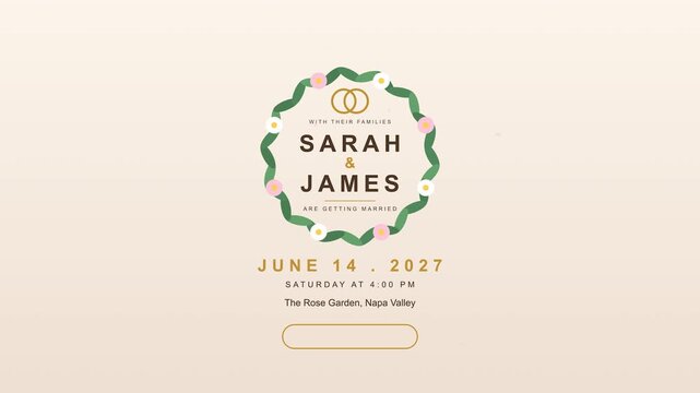 Elegant wedding invitation logo animation with floral wreath and text reveal