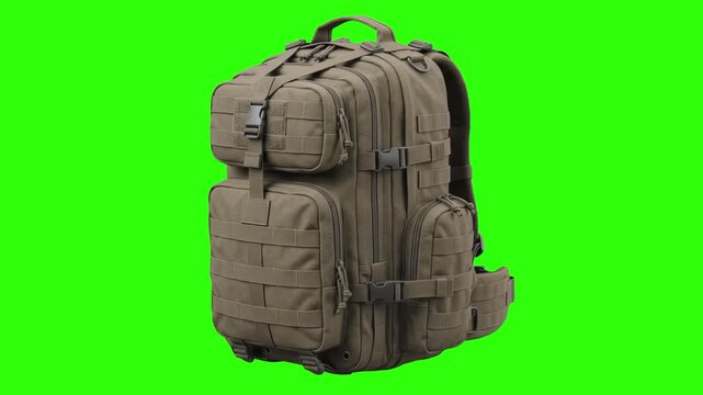 Heavy-duty olive drab military assault backpack with multi-compartment pockets and MOLLE straps isolated on a studio chroma key green background. Excellent for trekking equipment promos, survivalist g