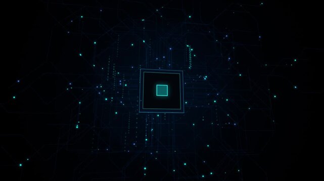 Futuristic cpu microprocessor glowing with data flow and circuit board pathways animation