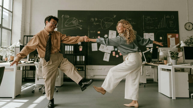 Office Dance: Two colleagues joyfully dance in a bright, modern office with a chalkboard and desks, conveying workplace fun and collaboration.