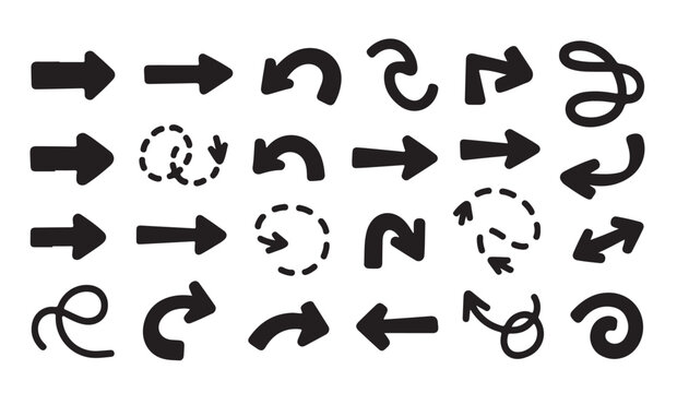 Diverse set of black arrow icons with various styles and shapes for creative graphic design and web elements.