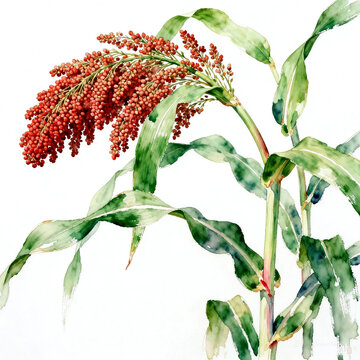 Watercolor Painting Of Mature Red Sorghum Plant