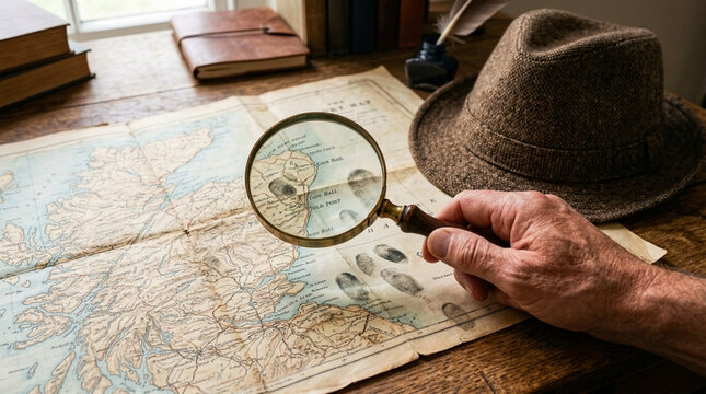 Detective Investigating Map with Magnifying Glass and Fingerprints Vintage Detective Kit