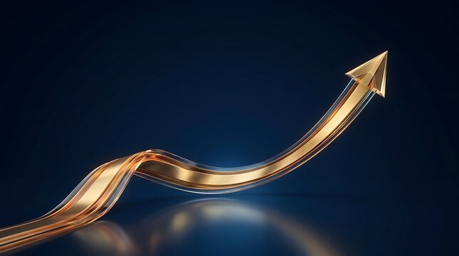 Curved 3D golden arrow encased in transparent glass rising upward against dark blue background representing wealth growth and financial success