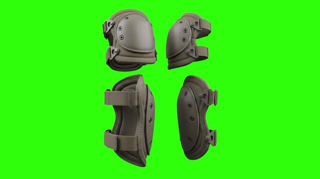Detailed realistic 3D CGI rendering of military tactical kneepads and elbow pads gear isolated on a chroma key green screen background. Ideal for military promos, combat gear showcases, tactical shoot
