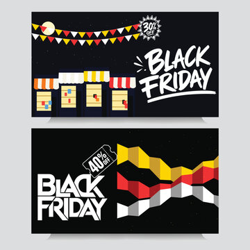 Black friday sale banner set with storefront illustration and 3d folded ribbon graph