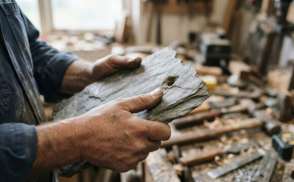 Middle-aged caucasian craftsman holding a rough slate stone in his carpentry workshop